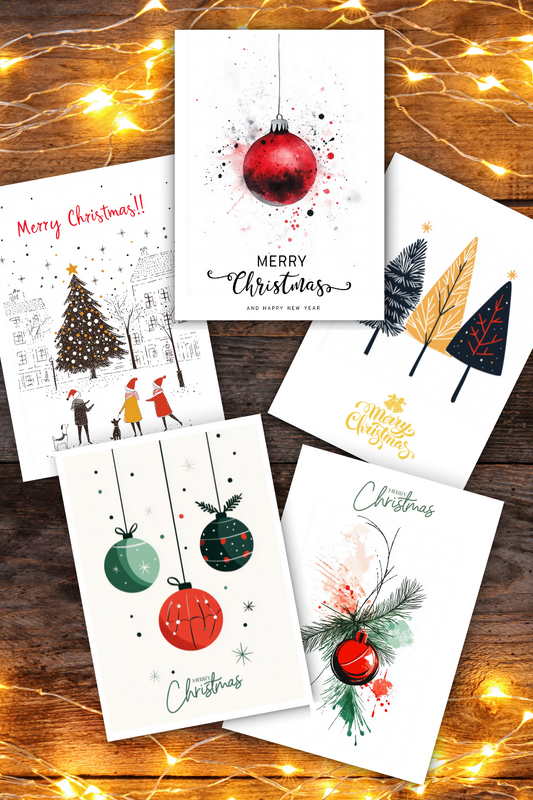 Set of digital Christmas postcards with Christmas trees and balls