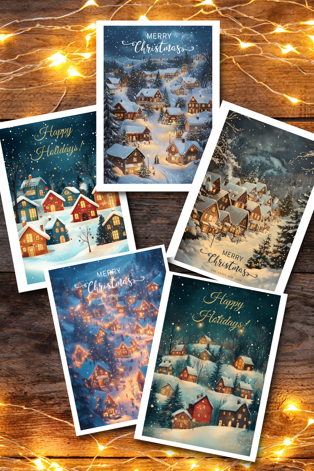 Set of digital Christmas postcards with winter landscapes