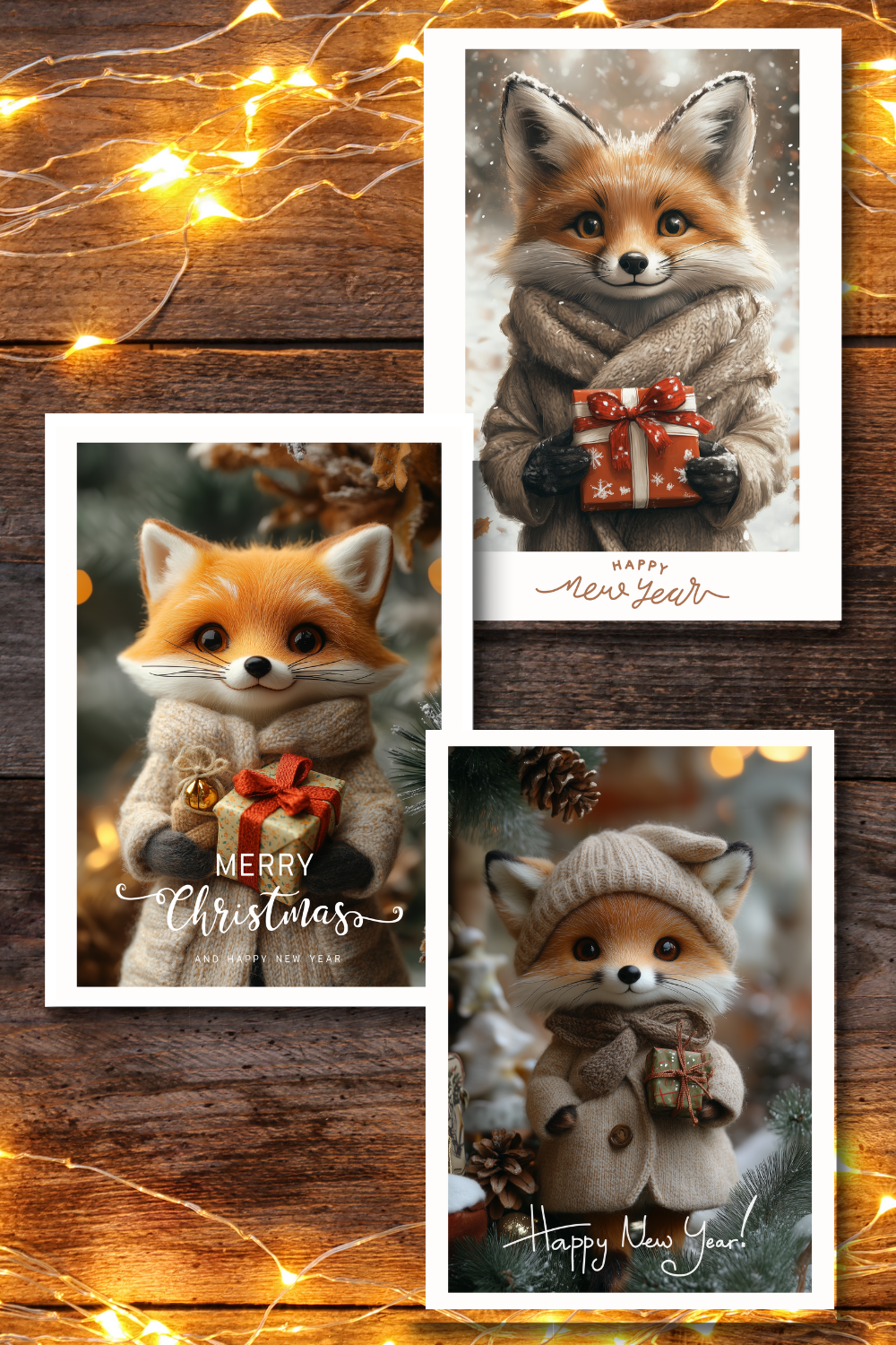 Set of digital Christmas postcards with cute foxes