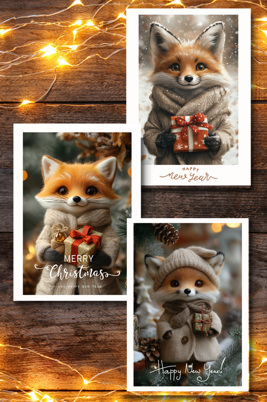 Set of digital Christmas postcards with cute foxes