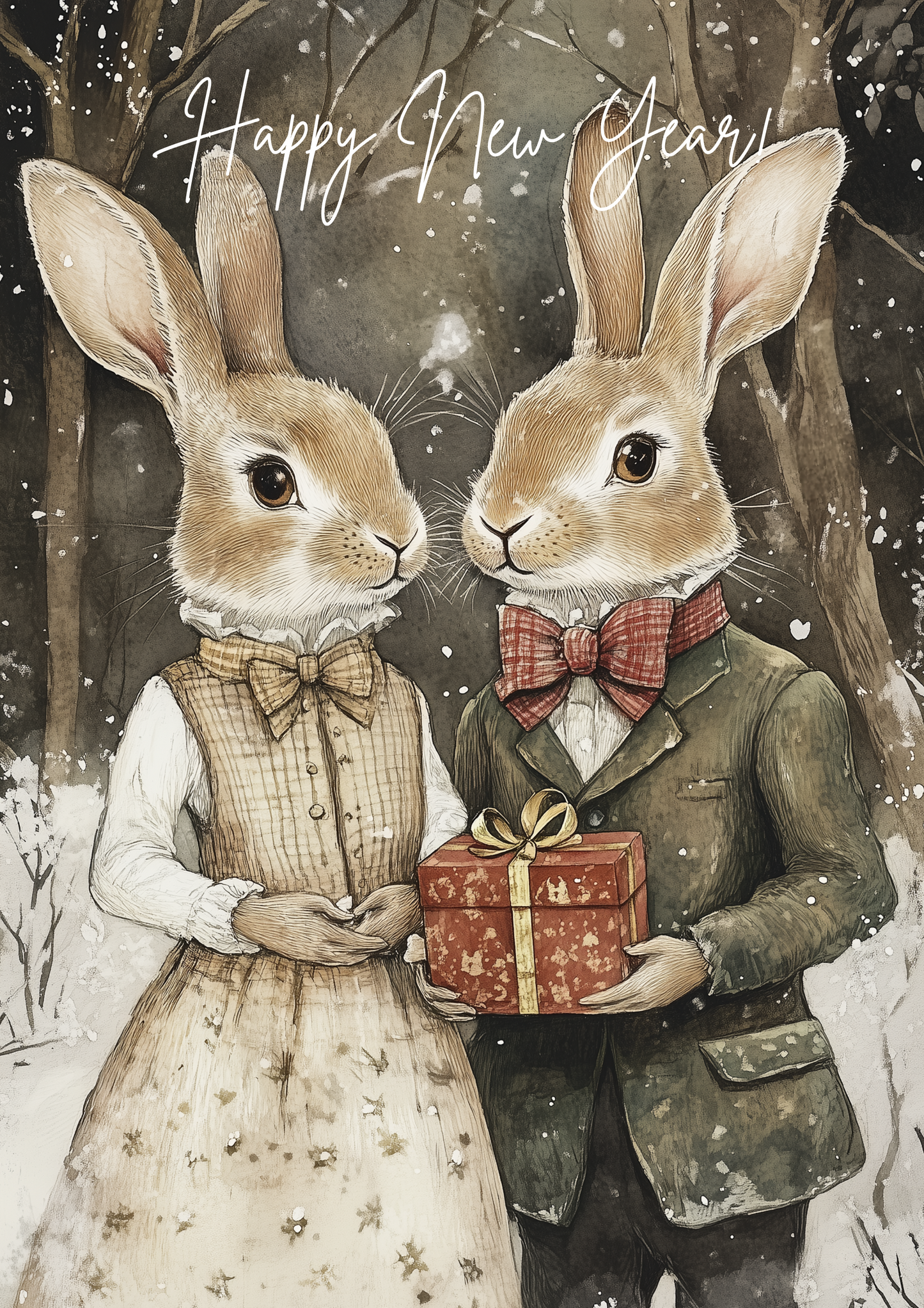 Set of digital Christmas postcards with cute bunnies