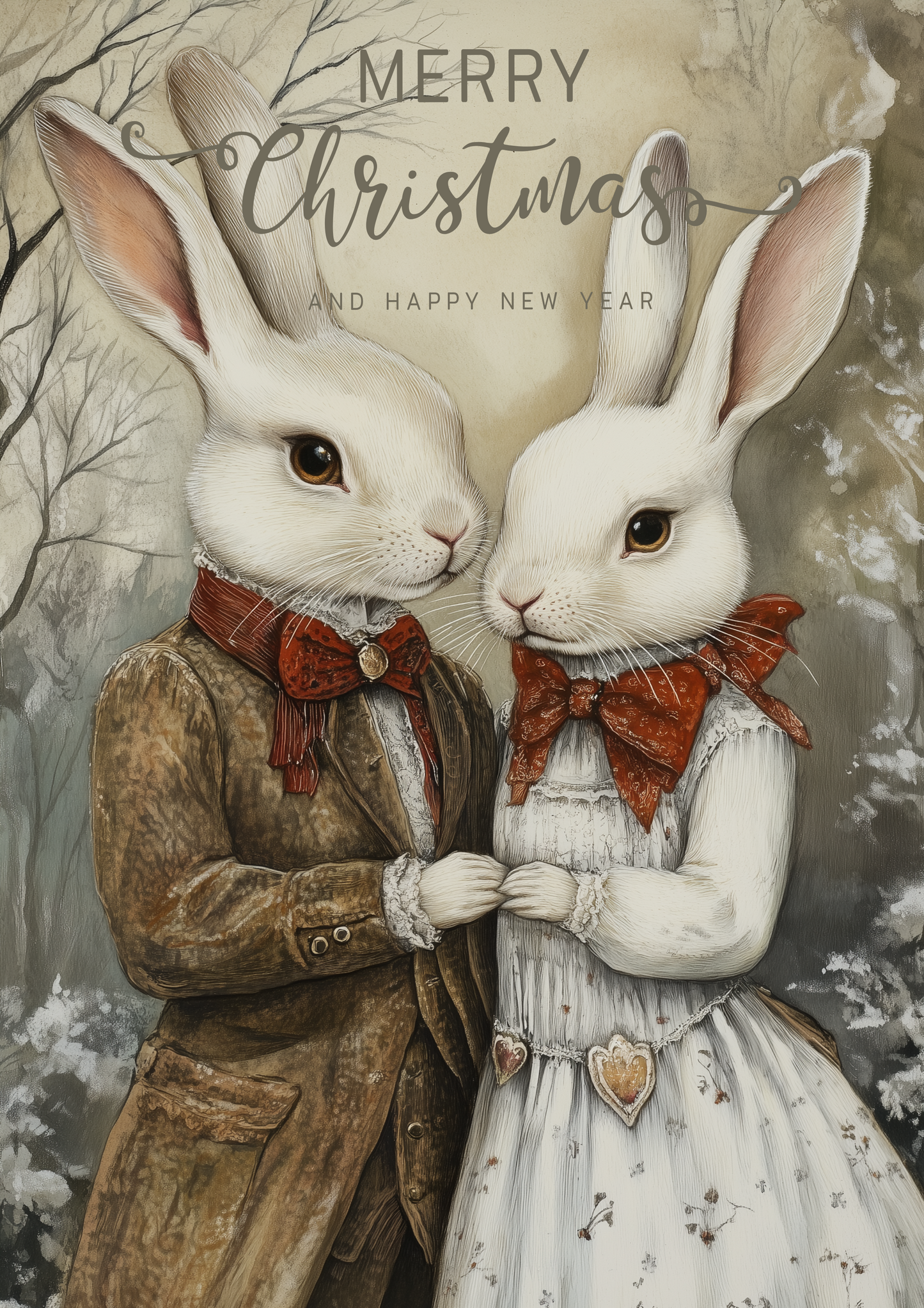 Set of digital Christmas postcards with cute bunnies